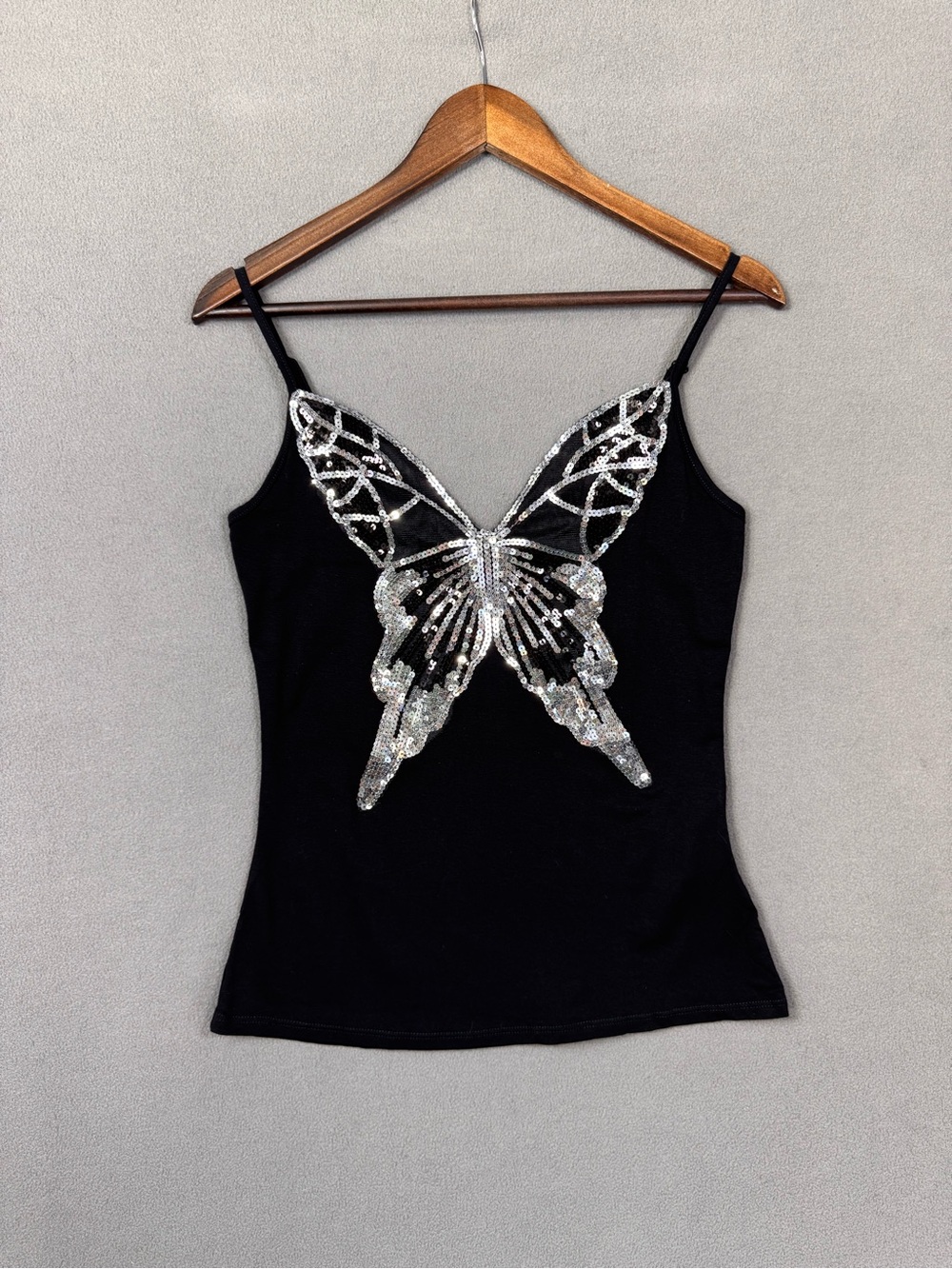 Vintage Y2K bebe Black Cami with Silver Sequin Butterfly, Made in France, S